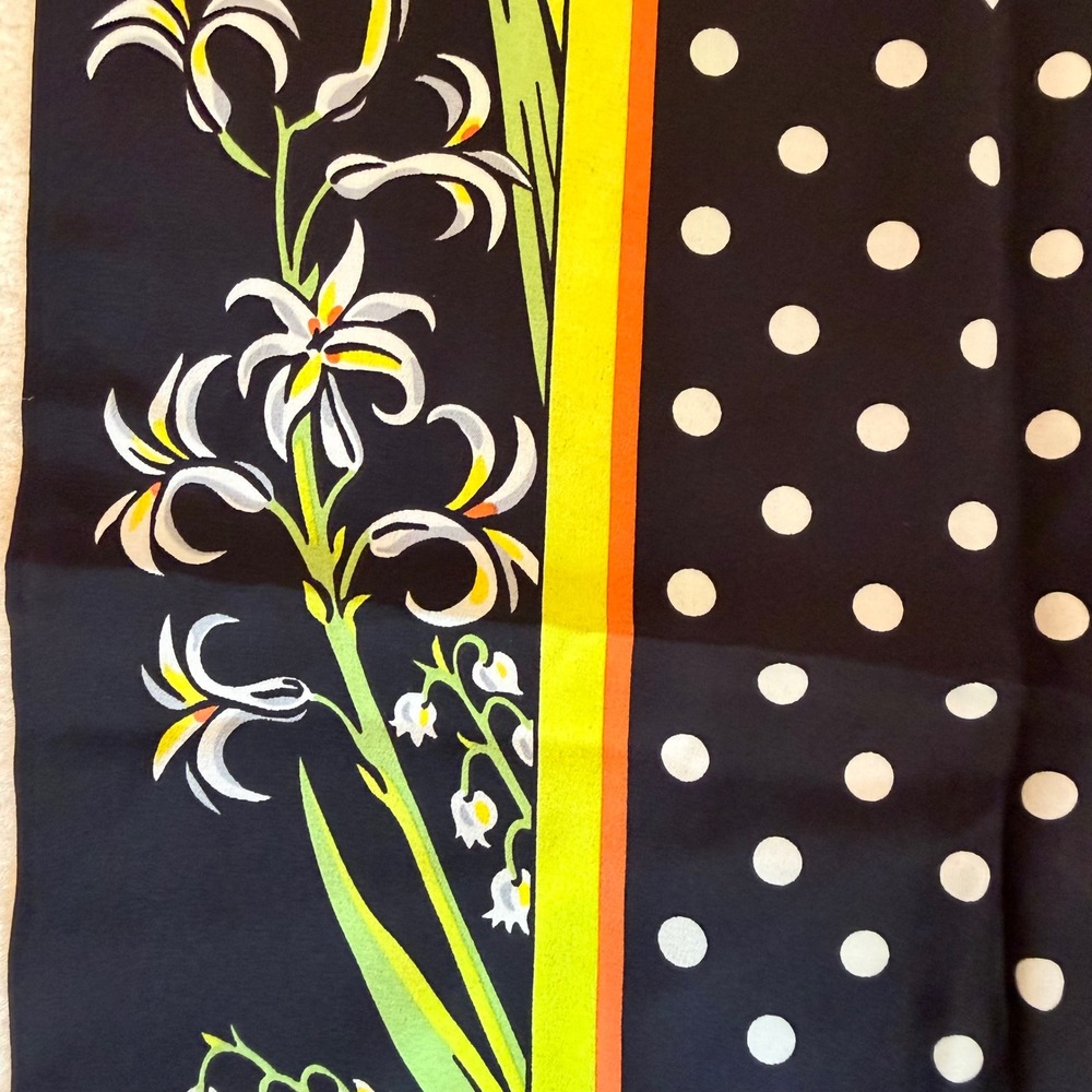 Bob Mackie Scarf OS Black Silk Polka Dot Floral Wearable Art Long Rectangle - Picture 8 of 10